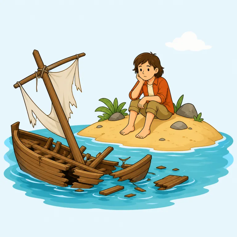shipwrecked（難破した・形容詞）の覚え方イラスト — ship「船」と wreck「大破、難破」をそのまま組み合わせた語です