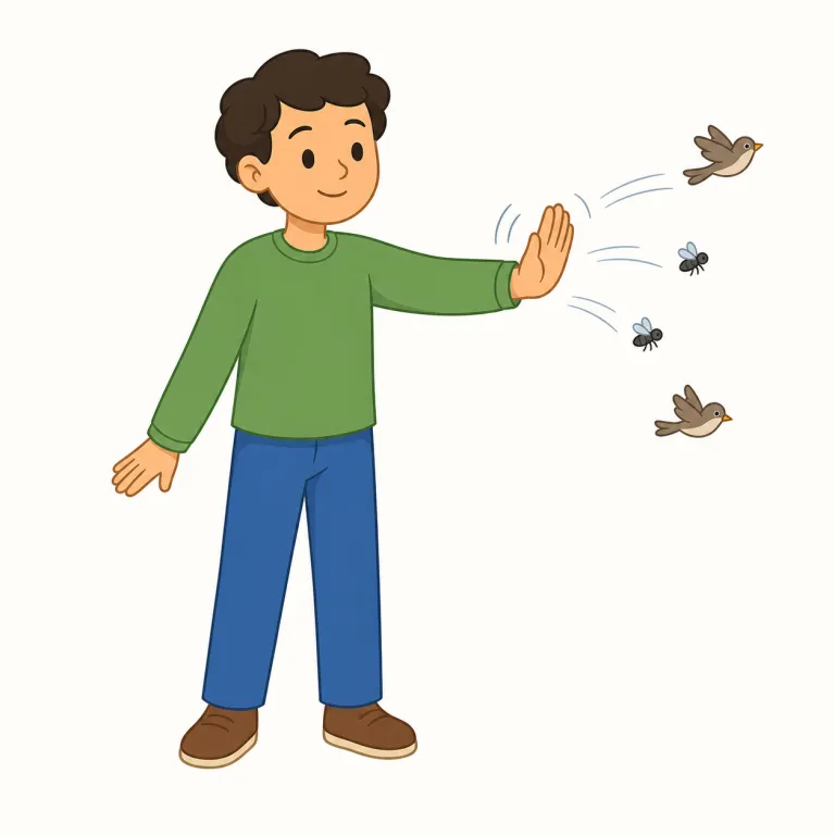 shooing（追い払う・動詞）の覚え方イラスト — shooing はまず間投詞の shoo! とセットで覚えると定着しやすい語です