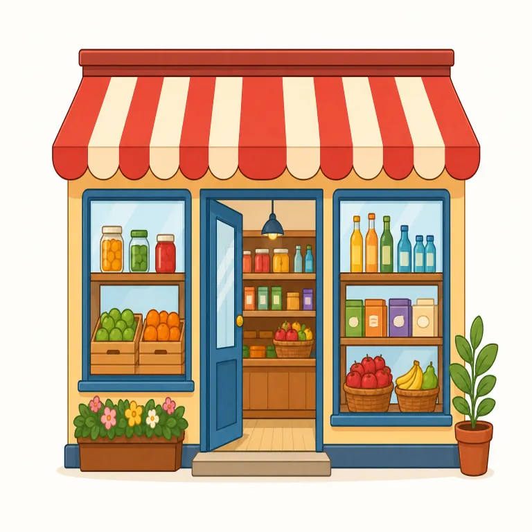 shop（店・名詞）の覚え方イラスト — shop は、棚やカウンター、店員、看板がある「一軒の商いの場」と結びつけると覚えやすい語です