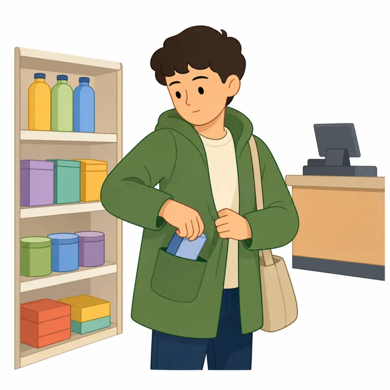 shoplift（万引きする・動詞）の覚え方イラスト — shop と lift をそのまま重ねて覚えると定着しやすいです