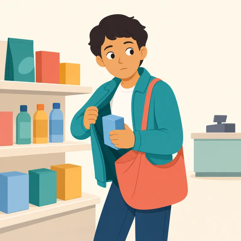 shoplifting（万引き・名詞）の覚え方イラスト — shoplifting は shop + lift + -ing と切ると覚えやすいです