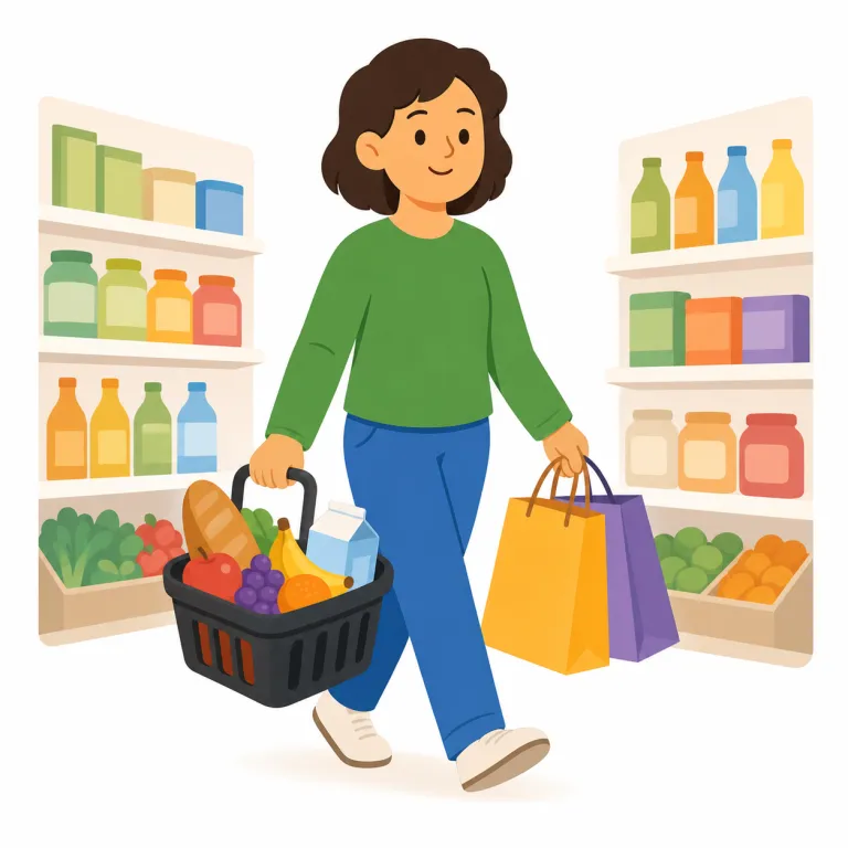 shopper（買い物客・名詞）の覚え方イラスト — shop が「店」、-er が「〜する人」なので、まず「店で何かしている人」という骨組みで覚えると定着しやすいです