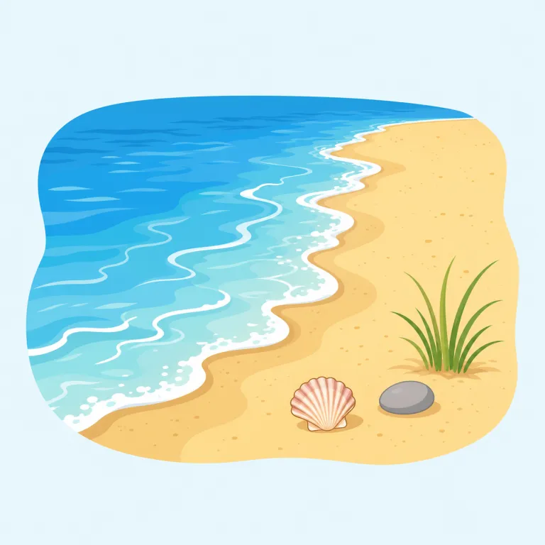 shore（海岸・名詞）の覚え方イラスト — shore は sea や ocean と結びつけて「水ぎわの陸」として覚えると残りやすい語です