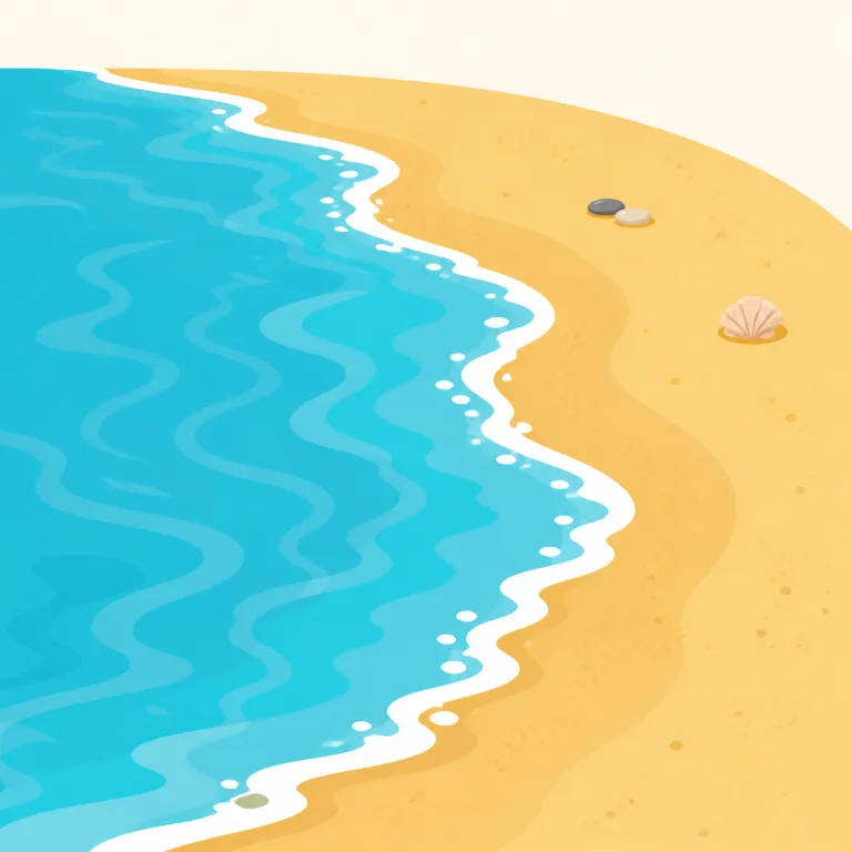 shoreline（海岸線・名詞）の覚え方イラスト — shore「岸」＋line「線」なので、水と陸が接する境界線を上空から見た形として覚えます