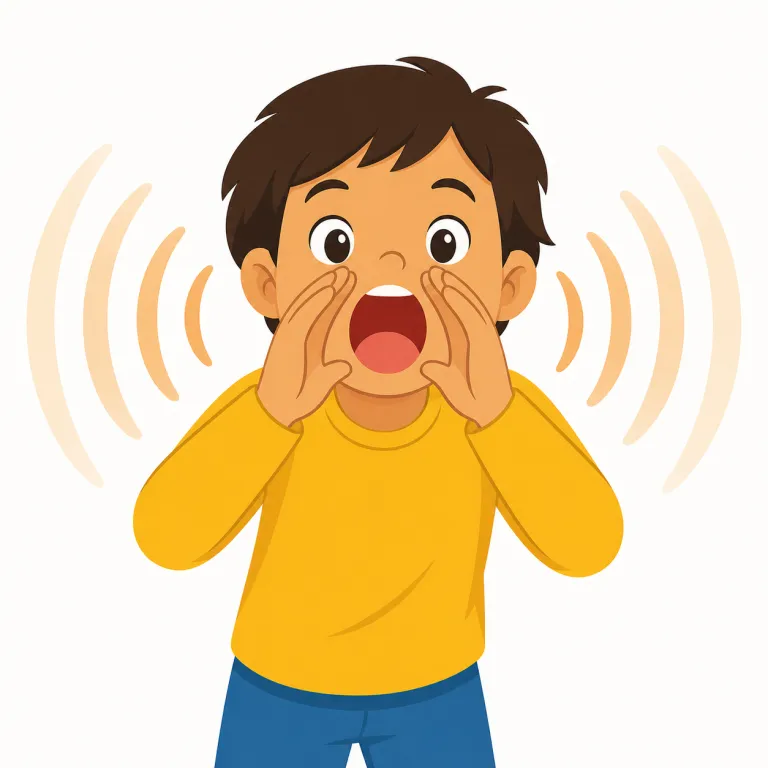 shout（叫ぶ・動詞）の覚え方イラスト — 動詞では、口から声を強く放つ動作を中心に覚えます