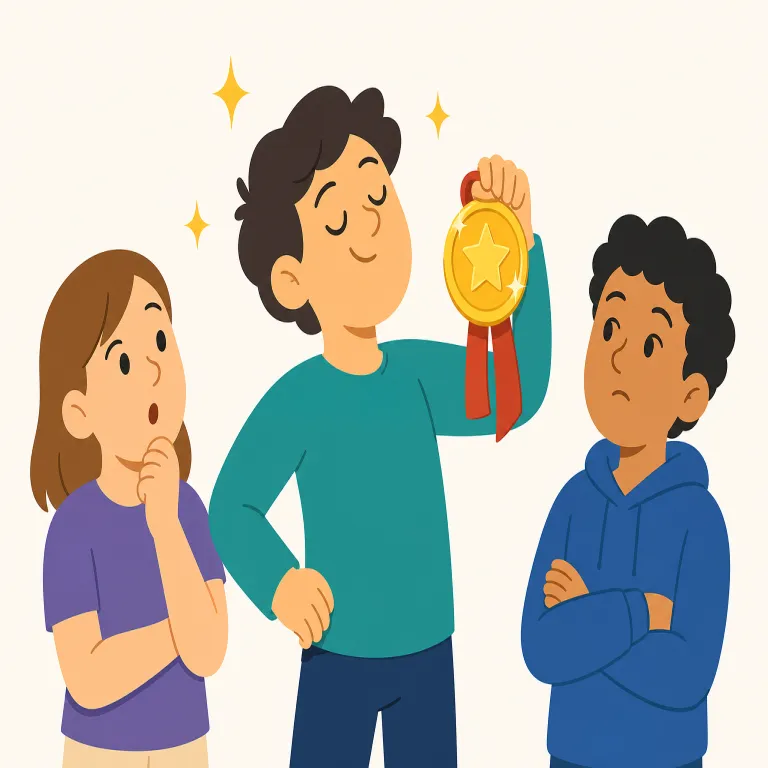 show off（見せびらかす・句動詞）の覚え方イラスト — show は「見せる」で基本どおり、そこに off が付くと「必要以上に前へ出して見せる」感じになり、単なる show より“見せつける”ニュアンスが強まります