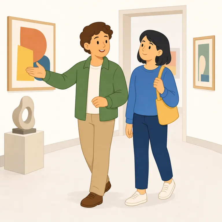 show someone around（（人）を案内する・句動詞）の覚え方イラスト — show＝「見せる」、around＝「あちこち・ぐるっと回って」