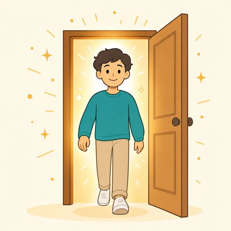 show up（現れる・句動詞）の覚え方イラスト — show=「見せる」を知っていれば、show up はまず「姿を見せる」と取ると覚えやすいです