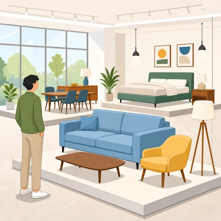 showroom（ショールーム・名詞）の覚え方イラスト — show + room で「見せるための部屋」と分解すると忘れにくい