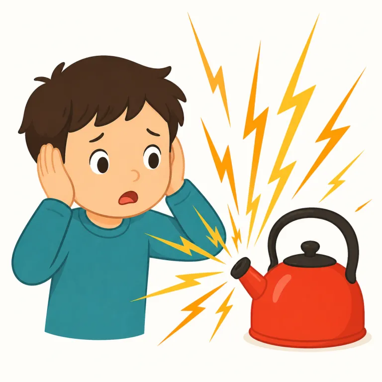 shrill（甲高い・形容詞）の覚え方イラスト — shrill は「甲高い」、つまり声や音が高く鋭く、キンキンして耳に不快に響く様子を表します