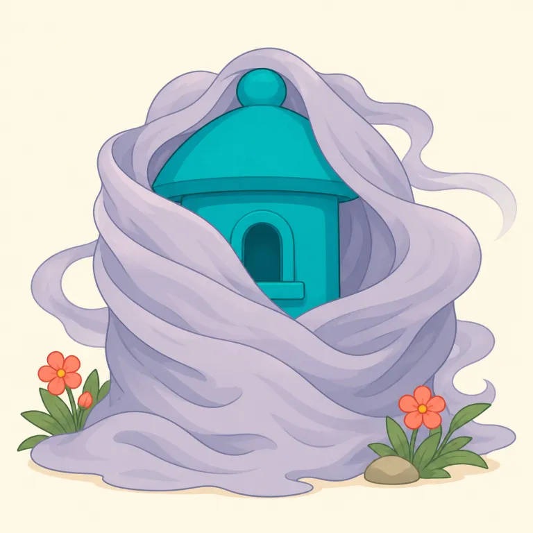 shrouding（覆う・動詞）の覚え方イラスト — shroud は cover より強く、単に上にかぶせるだけでなく「すっぽり覆って姿を見えにくくする」感じがある