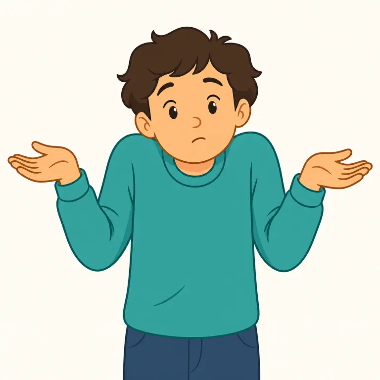 shrug（肩をすくめる・動詞）の覚え方イラスト — 動詞 shrug は、返事の代わりに肩を少し上げる動きとして覚える