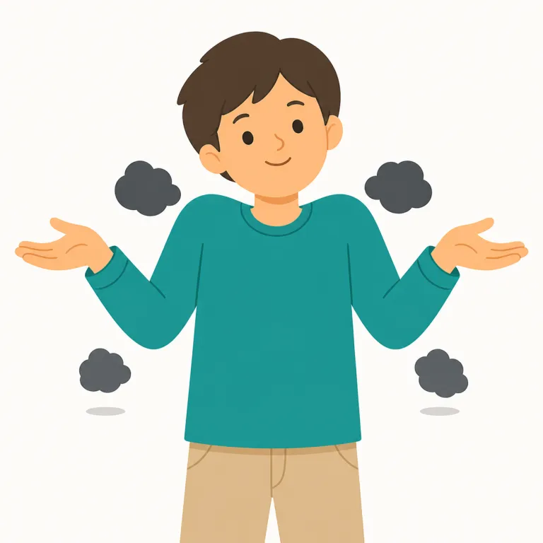 shrug off（一蹴する・句動詞）の覚え方イラスト — この意味では、相手の批判・懸念・問題を「重要ではない」と見て、まともに取り合わず退ける感じを覚えます