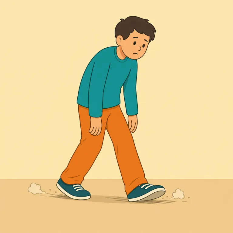 shuffle（足を引きずって歩く・動詞）の覚え方イラスト — shuffle はカードを "shuffle the cards" で知っていると覚えやすい