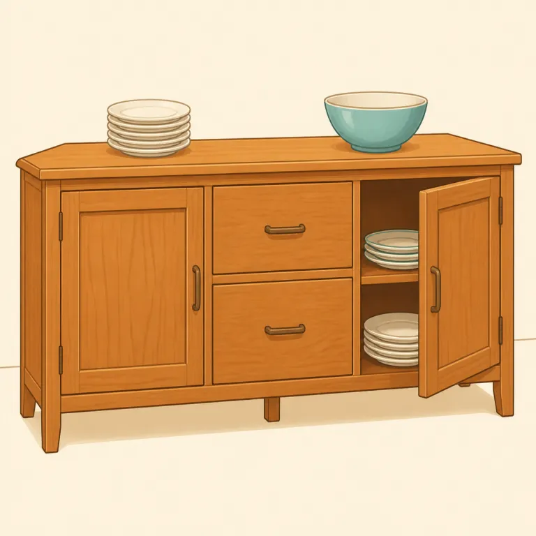 sideboard（サイドボード・名詞）の覚え方イラスト — side + board に切ると覚えやすい語です