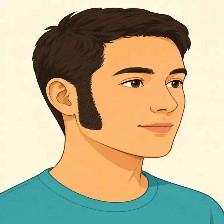 sideburns（もみあげ・名詞）の覚え方イラスト — side が「横」だと分かれば、顔の side に沿ってある毛だとイメージしやすい単語です