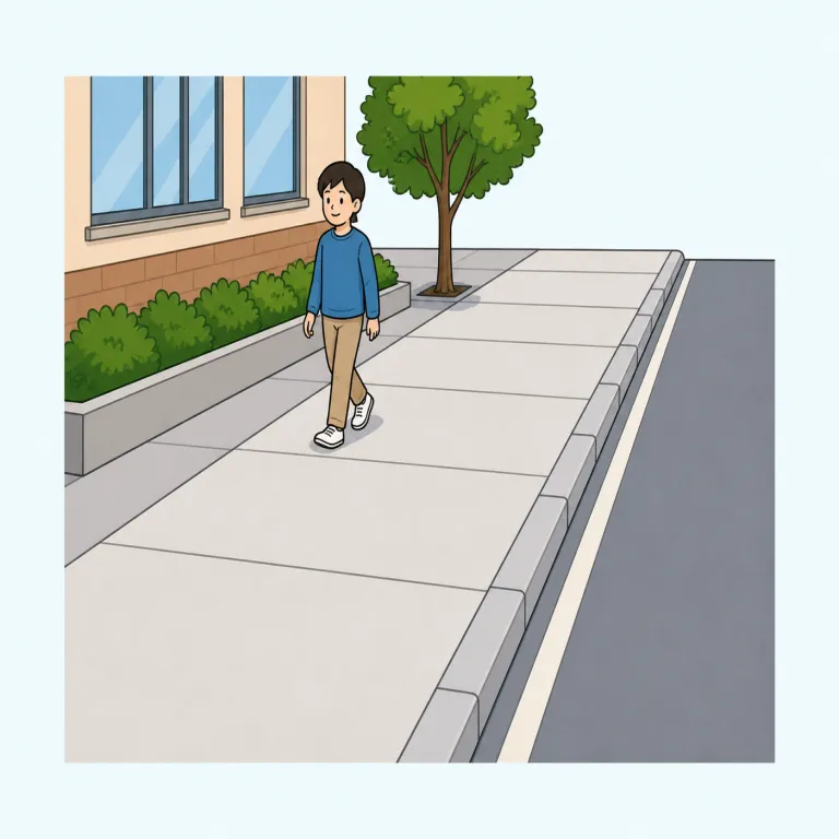 sidewalk（歩道・名詞）の覚え方イラスト — sidewalk は side「横」と walk をそのまま合わせた語で、「車道の横を歩く場所」と場面で覚えるのが最短です