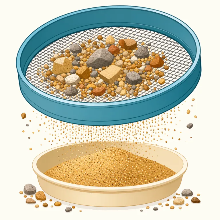 sieving（ふるい分け・名詞）の覚え方イラスト — まず sieve を「網目に通して分ける」という核で覚えると、sieving はその -ing 形なので「ふるいにかける作業・ふるい分け」と自然につながります