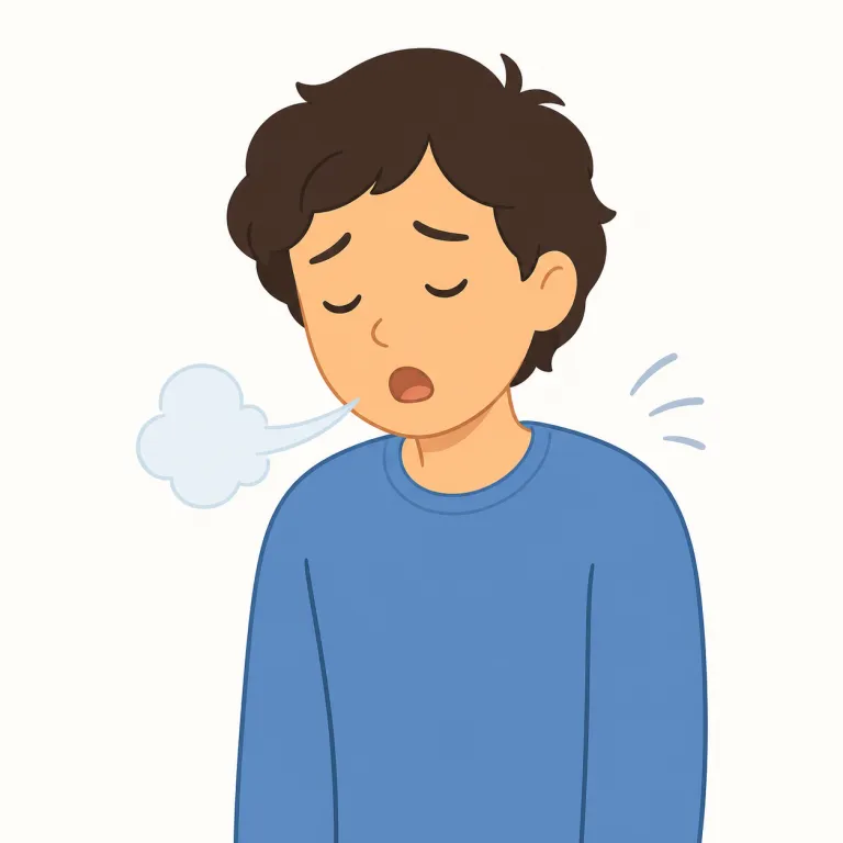 sigh（ため息をつく・動詞）の覚え方イラスト — sigh は「感情つきで、ふっと長く吐く」と動作で覚えると使いやすいです