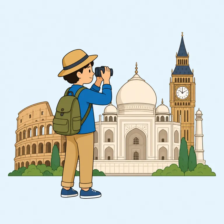 sightseeing（観光・名詞）の覚え方イラスト — この「観光」は、sightseeing の基本義「見物」とは別に、旅行先で名所を巡る観光活動としてまとめて言う用法だと考えると覚えやすいです