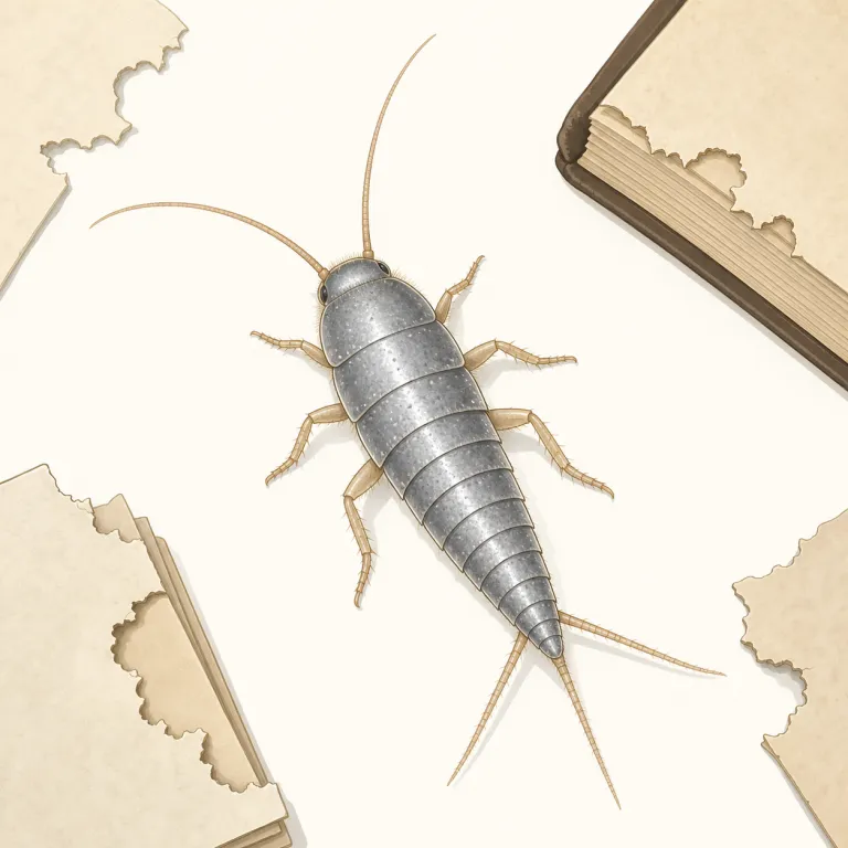 silverfish（シミ（紙魚）・名詞）の覚え方イラスト — silverfish は silver と fish にそのまま分けて覚えると残りやすい単語です