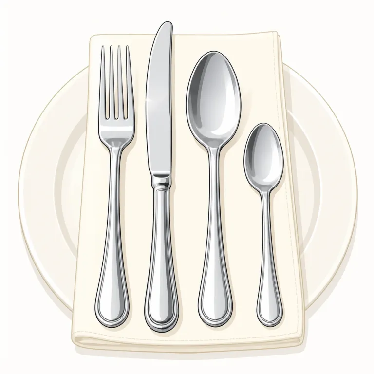 silverware（銀食器・名詞）の覚え方イラスト — この意味の silverware は、食卓で使う一般的なナイフ・フォーク類という基本義とは別に、「銀で作られた食器・食事道具一式」を指す用法です