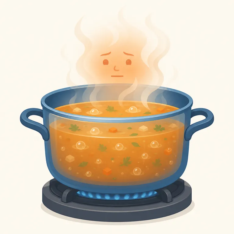 simmer（弱火で煮る、（感情などが）くすぶる・動詞）の覚え方イラスト — boil が「ぐらぐら沸騰する」なら、simmer はその手前で、表面に小さな泡が静かに続く段階だと押さえると覚えやすいです