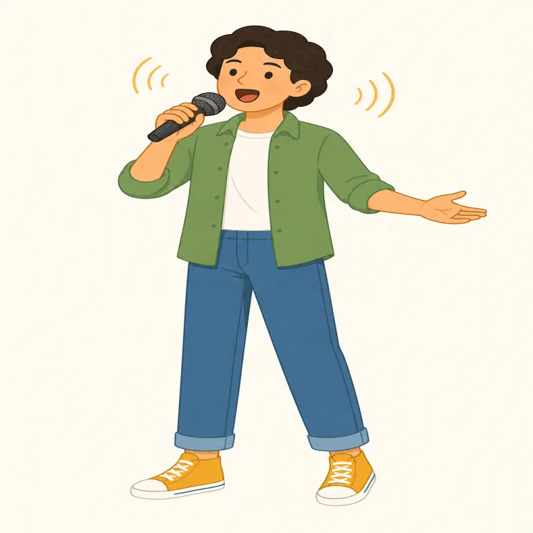 singer（歌手・名詞）の覚え方イラスト — まず動詞 sing「歌う」を確実に思い出し、そこに「〜する人」を作る接尾辞 -er が付いて singer＝「歌う人」と捉えると一気に覚えやすいです