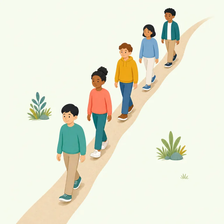 single-file（一列の・形容詞）の覚え方イラスト — single「一つの」＋file「縦に続く列」で、横に二人以上並ばない状態を表します