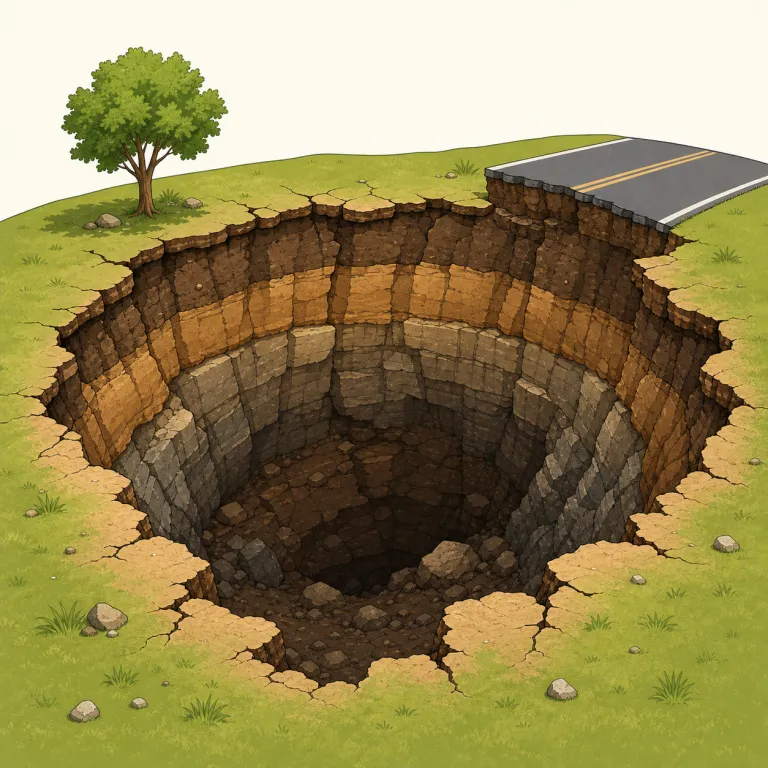 sinkhole（陥没穴・名詞）の覚え方イラスト — sink + hole と見ればかなり覚えやすい語です
