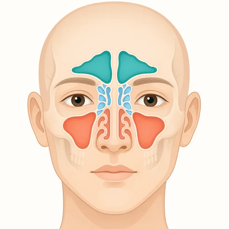 sinus（副鼻腔・名詞）の覚え方イラスト — 鼻の近くにある空洞を指す医療語として、まず「鼻・顔まわりの奥のスペース」というイメージで固定すると覚えやすいです