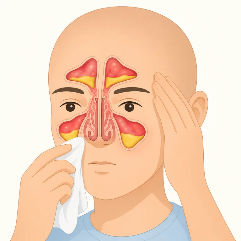 sinusitis（副鼻腔炎・名詞）の覚え方イラスト — このエントリでは sinusitis を、日常的な呼び名の「蓄膿症」ではなく、医学的・説明的な訳語「副鼻腔炎」として覚えます