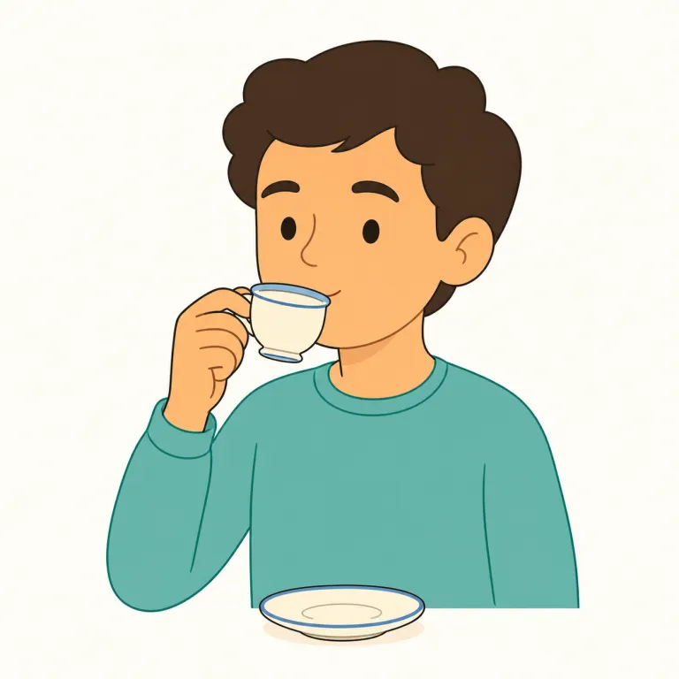 sip（一口飲む・動詞）の覚え方イラスト — drink がただ「飲む」全般なのに対し、sip は「少量を、ゆっくり口に入れる」と絞って覚えると残りやすい