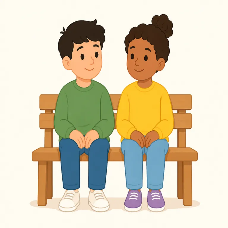 sit by（傍観する・句動詞）の覚え方イラスト — この sit by は「そばに座る」という基本義から発展した比喩的な用法で、「問題の近くにいながら動かない」感覚を表す