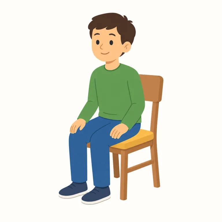 sit down（座る・句動詞）の覚え方イラスト — sit はまず「座っている状態」の基本語、そこに down「下へ」が付いて「立っている位置から腰を下ろす」動きになる、と分けて覚えると定着しやすいです