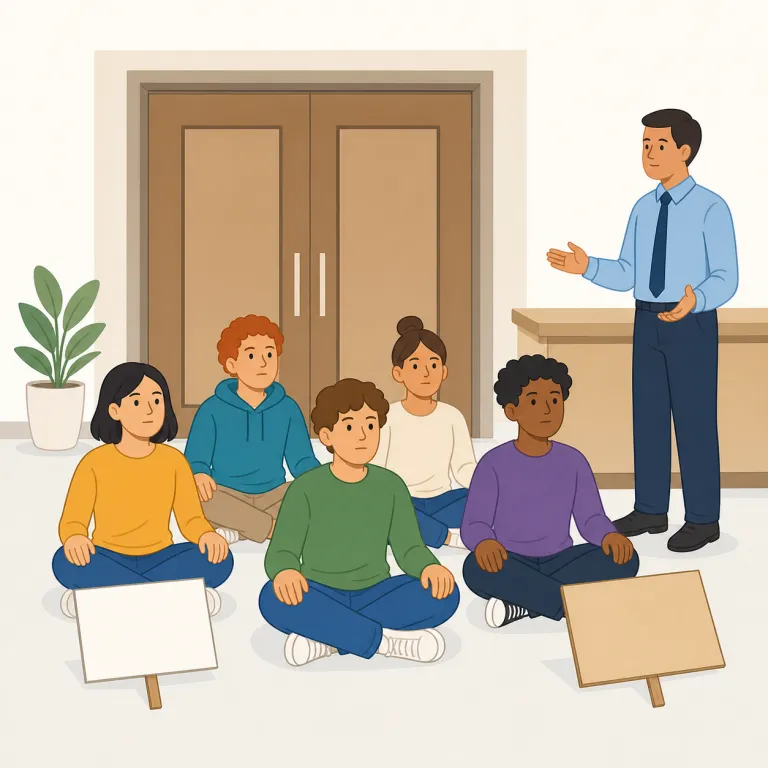 sit in（同席する・動詞）の覚え方イラスト — まず sit は「座る」、in は「中に・その場に入っている」