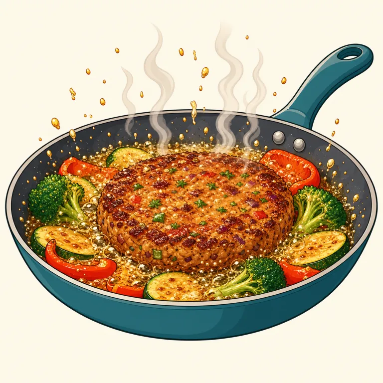 sizzling（ジュージュー音を立てる・形容詞）の覚え方イラスト — 熱いフライパンに肉を置いたときの「ジュージュー」という音を思い浮かべましょう
