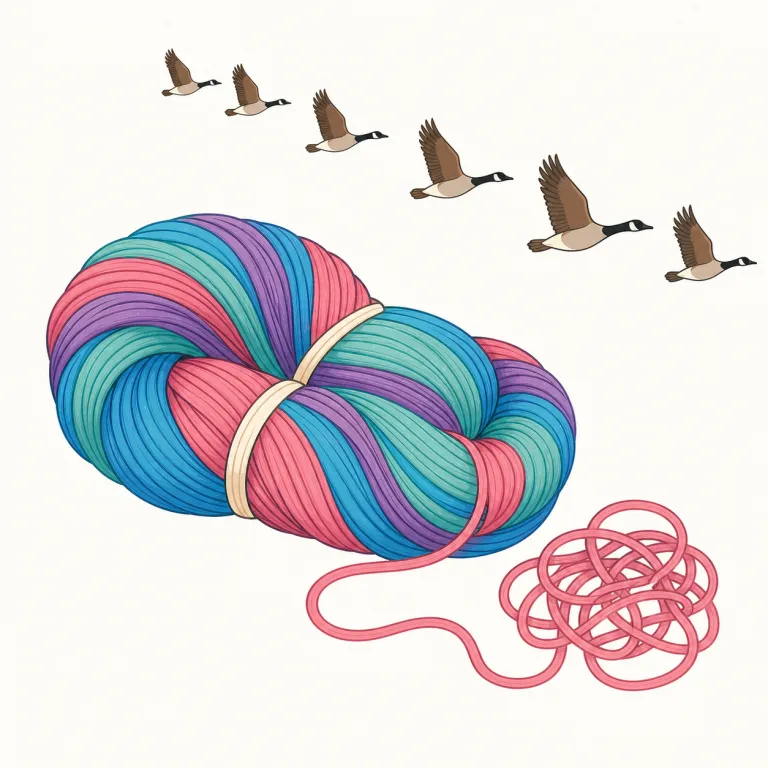 skein（毛糸のかせ/鳥の列/複雑なもつれ・名詞）の覚え方イラスト — まず yarn や thread の仲間として入れると覚えやすい語