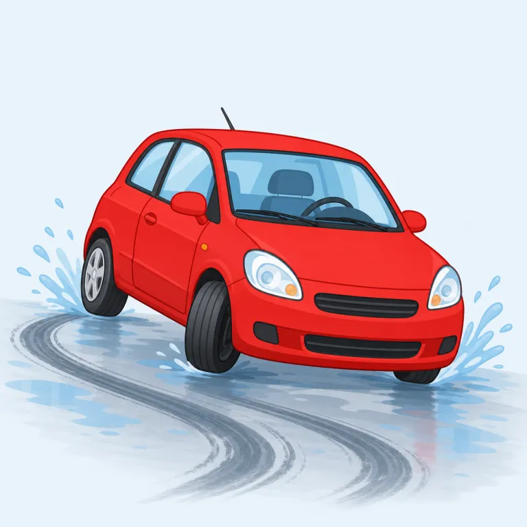 skid（横滑りする・動詞）の覚え方イラスト — skidは「スキーのように滑る」よりも、「タイヤが路面をつかみ損ねて流れる」と結び付けると区別しやすいです