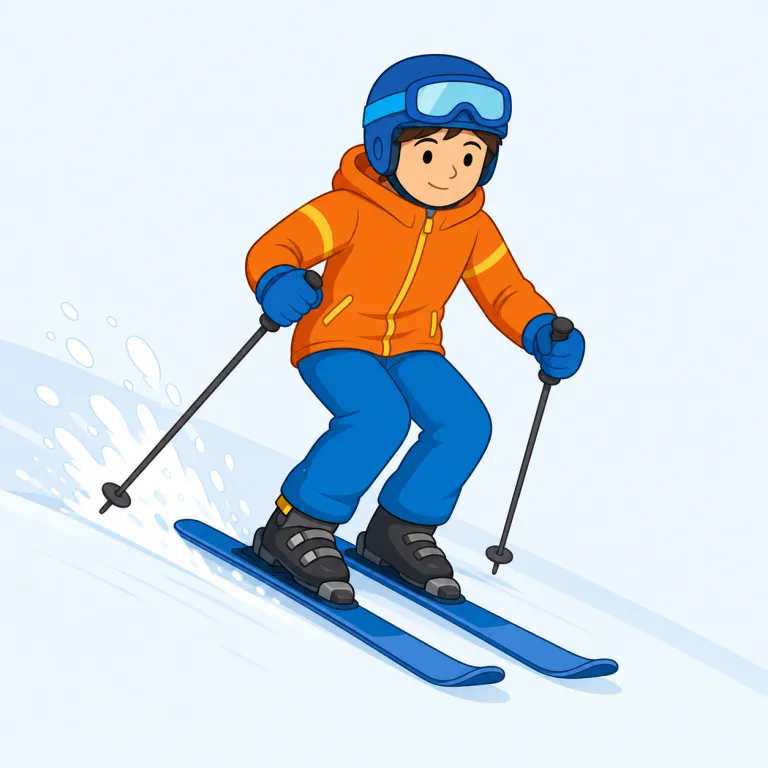 skied（スキーをした・動詞）の覚え方イラスト — skied は ski に -ed が付いた過去形で、「スキーをした」と活動全体を述べる語です