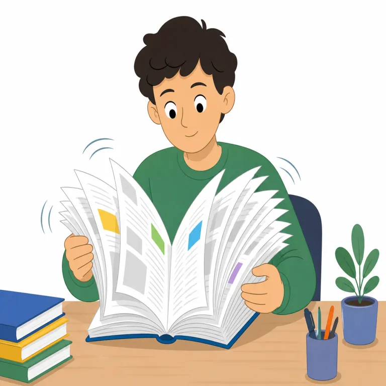 skim through（ざっと目を通す・句動詞）の覚え方イラスト — skim through は、文章や資料の全体に軽く目を走らせ、要点だけをつかむ動作です