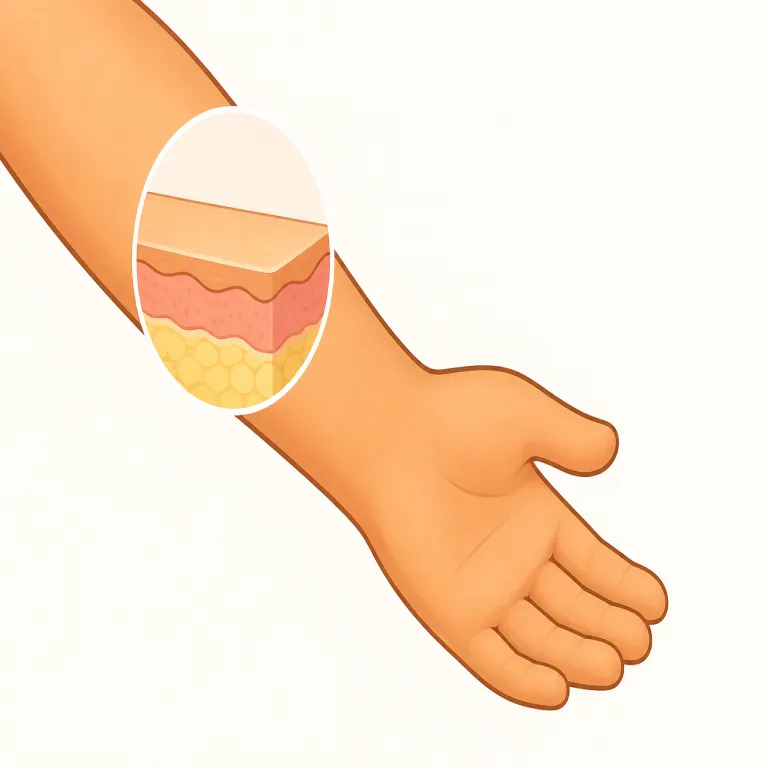 skin（皮膚・名詞）の覚え方イラスト — skin はまず「体のいちばん外側をおおうもの」とまとめて覚えると広がりやすい語です