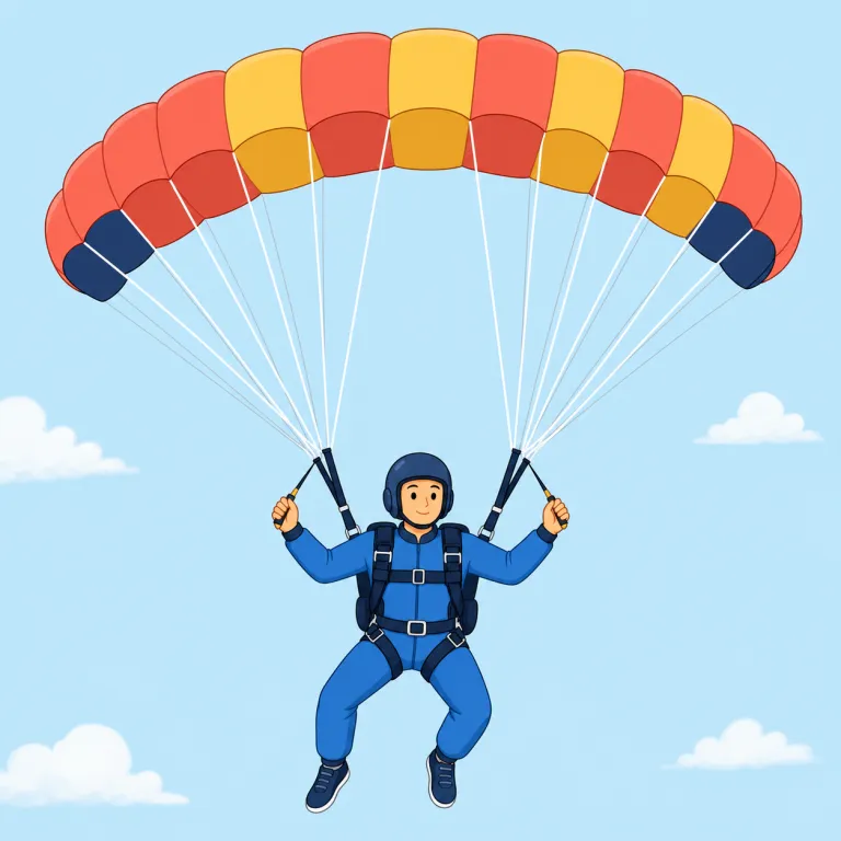 skydive（スカイダイビングをする、落下傘で降下する・動詞）の覚え方イラスト — sky＋dive で、そのまま「空に向かって飛び込む」と捉えると覚えやすい語
