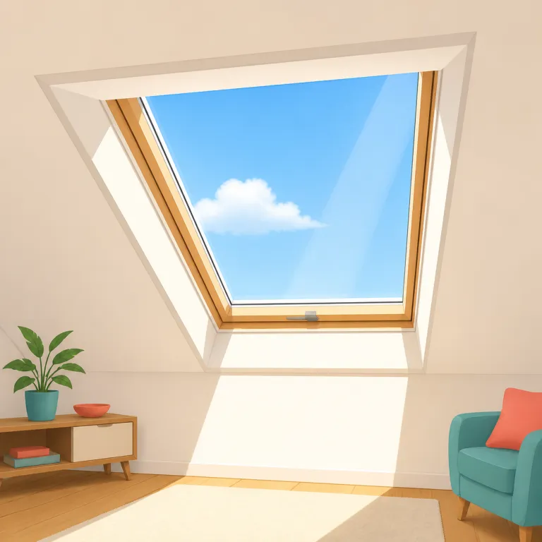 skylight（天窓・名詞）の覚え方イラスト — sky＋light と見ればまず「空から光を入れるもの」と押さえやすい語です