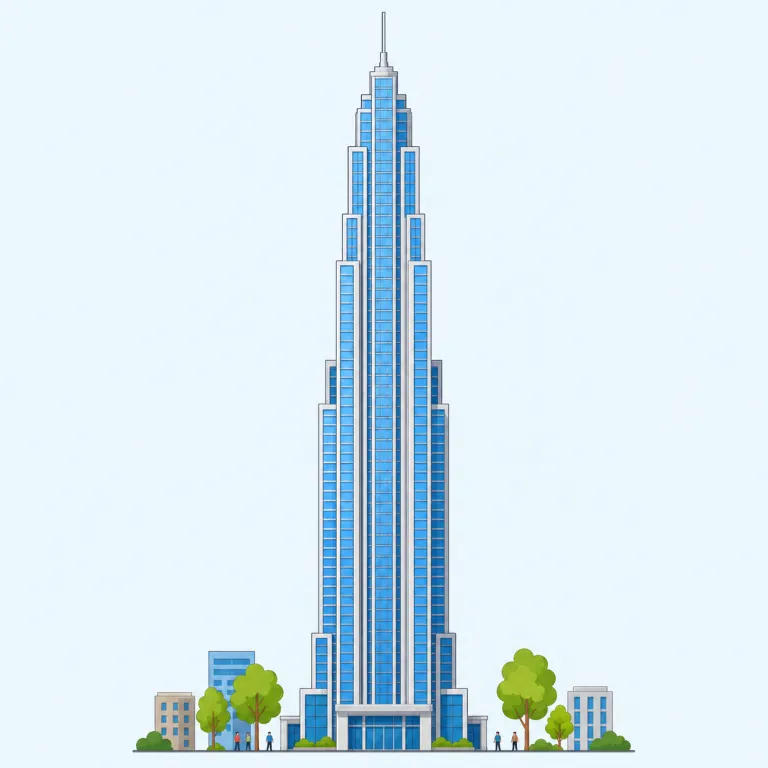 skyscraper（超高層ビル・名詞）の覚え方イラスト — skyscraper は sky「空」+ scraper「こするもの」と考え、空をこすりそうなほど高い「超高層ビル」を思い浮かべると覚えやすいです