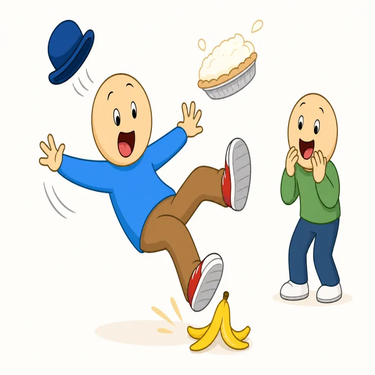 slapstick（ドタバタ・名詞）の覚え方イラスト — slap と stick という基本語を知っていると、まず「叩く・ぶつかる・転ぶ」ような物理的で大げさな笑いを連想しやすくなります