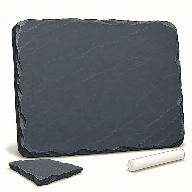 slate（石板、粘板岩・名詞）の覚え方イラスト — 黒板以前の小さな書き板を思い浮かべると、slate の核がつかみやすくなります