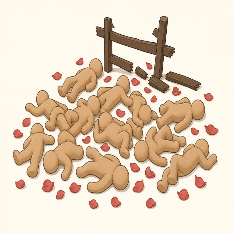 slaughter（虐殺する・動詞）の覚え方イラスト — slaughter は kill よりはるかに重く、many people, civilians, prisoners など「無抵抗な多数」を目的語に取りやすい語です