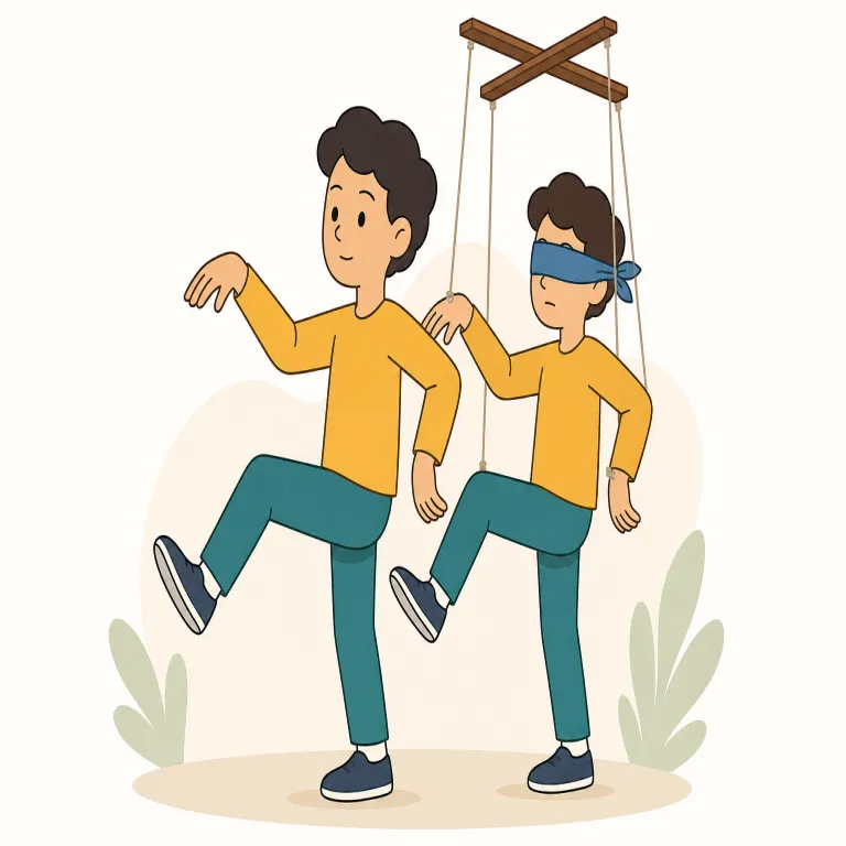 slavishly（盲目的に・副詞）の覚え方イラスト — slave を知っていれば、「自分の頭で考えず、主人に従うように」が核だと押さえやすいです