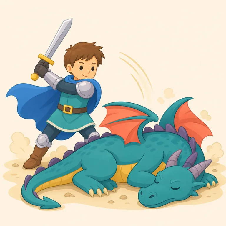 slay（殺す・動詞）の覚え方イラスト — 古い英語に由来し、現代では slay a dragon（竜を殺す）のような物語的表現や、be slain（殺される）という硬い受け身でよく現れる